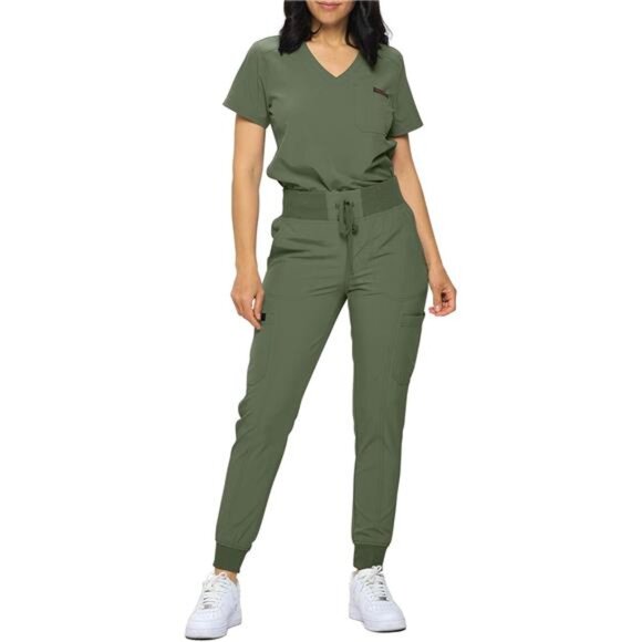 Slim Fit Stretchy Scrubs Women's Jogger Scrub Set Slim Jogger Scrubs with Tuck - Picture 1 of 7